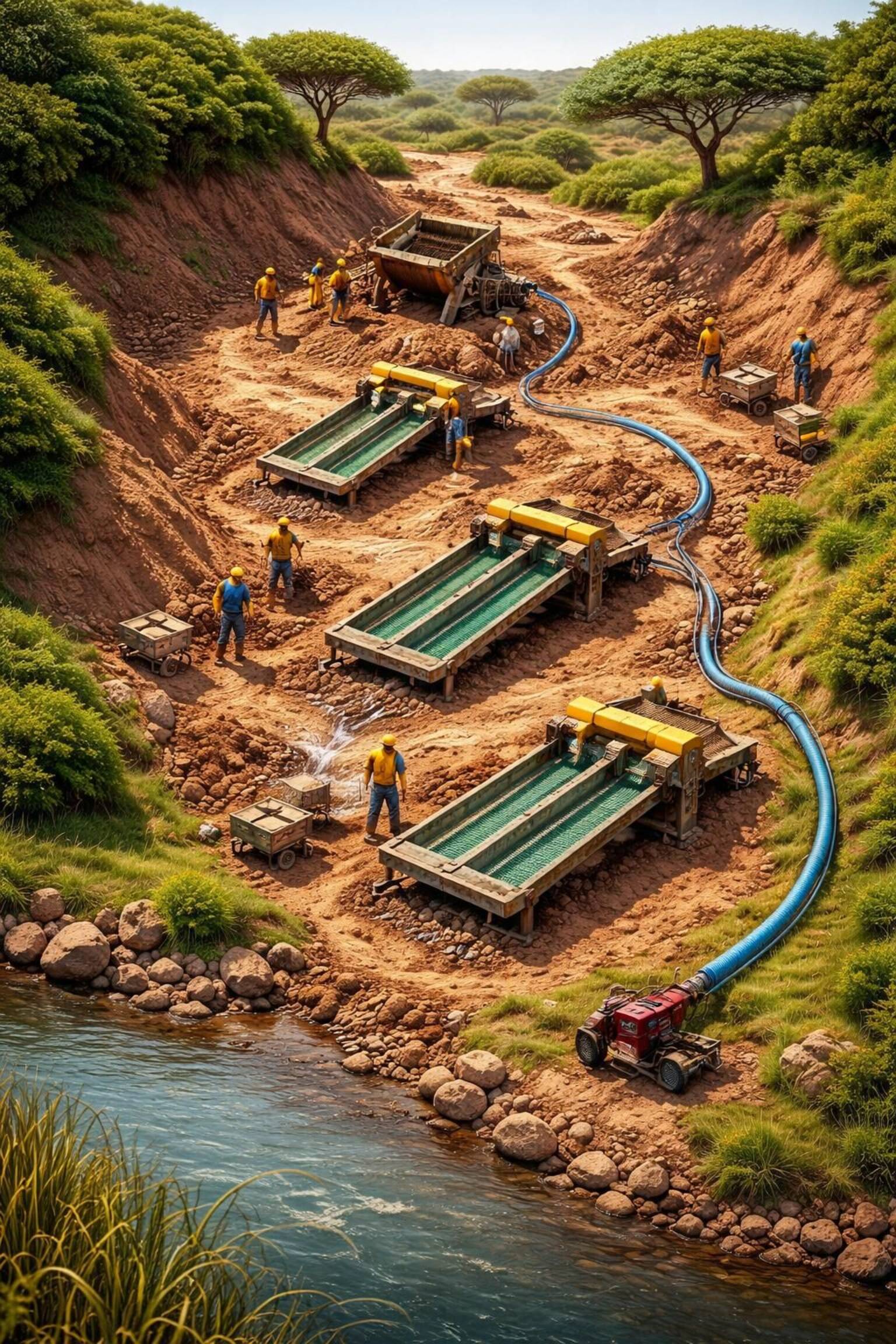 3 sluice sets - SYOGM Fine Gold Recovery System between hills, ideal scene