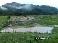 2020-05-02: Mining pit covered with water with Bwindi Impenetrable Forest in background