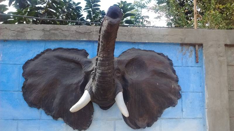 Elephant decoration on a wall near Arusha, Tanzania, on our travel to Kenya in October 2017