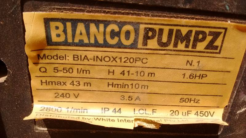 Bianco Pumpz water pump, model BIA-INOX120PC with 5-50 liters per minute