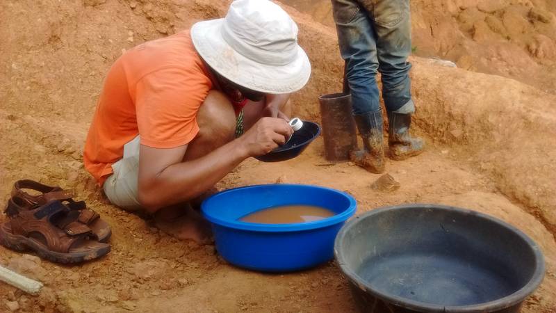 Using hand lens to magnify the gold particles