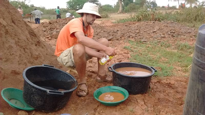 Dish wash to settle finest gold particles down from the surface of water