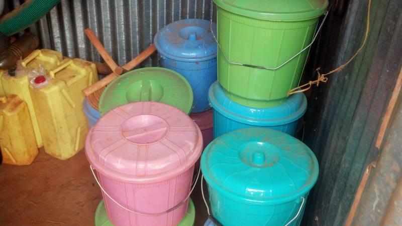 Equipment and buckets in the storage room